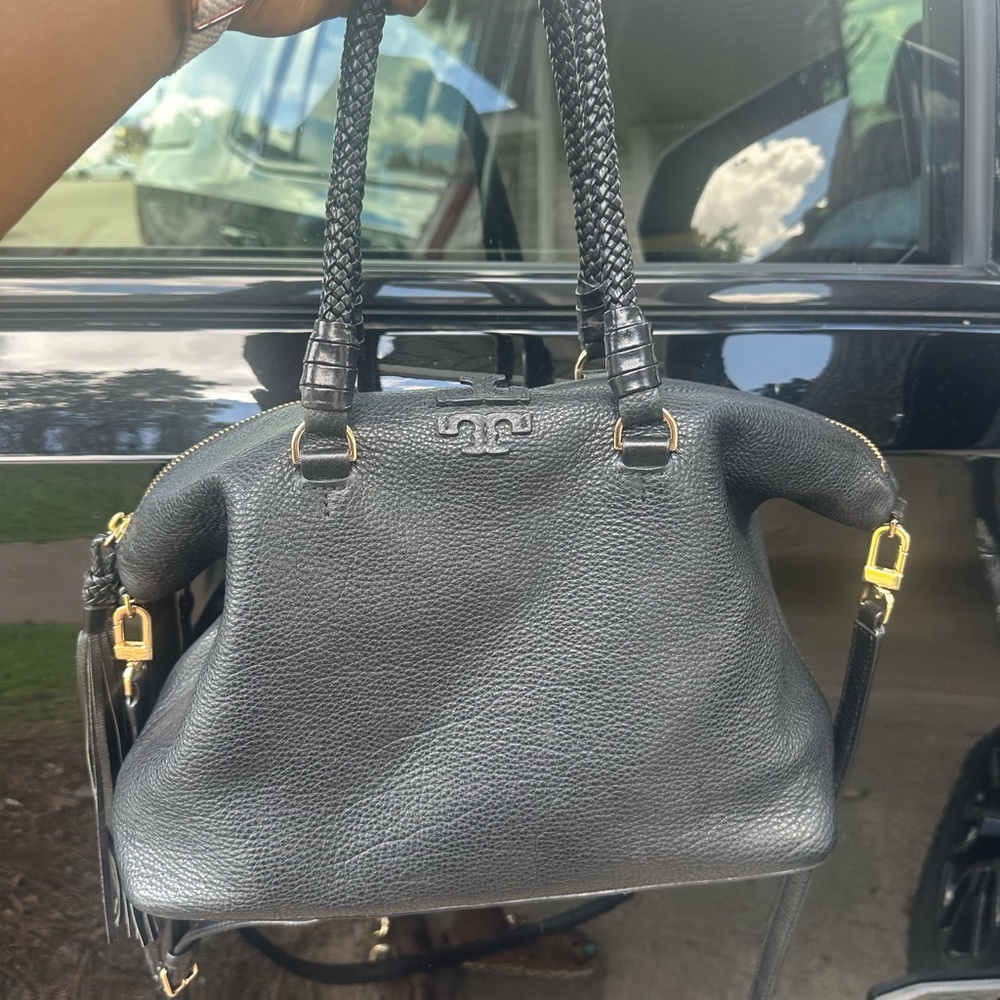 Tory Burch Black and Gold Shoulder Bag with Braided Handles